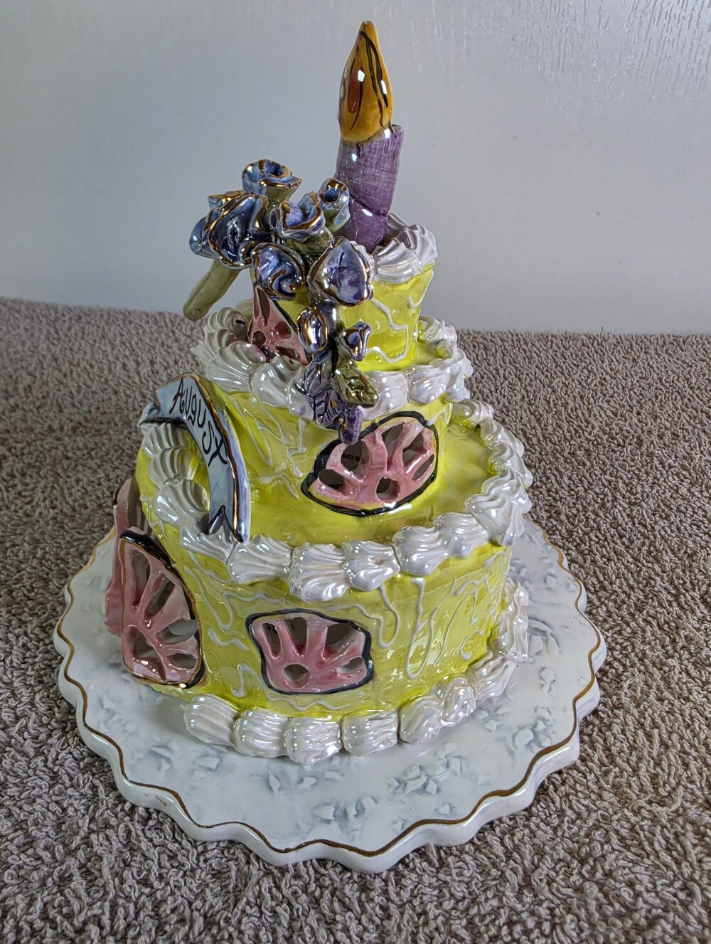 Blue Sky Ckayworks August Peridot Birthday Cake Tea Light Holder By H Goldminc - Picture 5 of 12